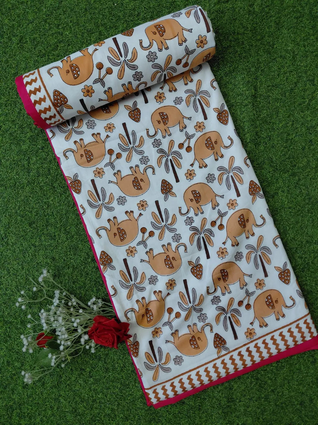 White mulmul dohar with brown elephant print and pink border