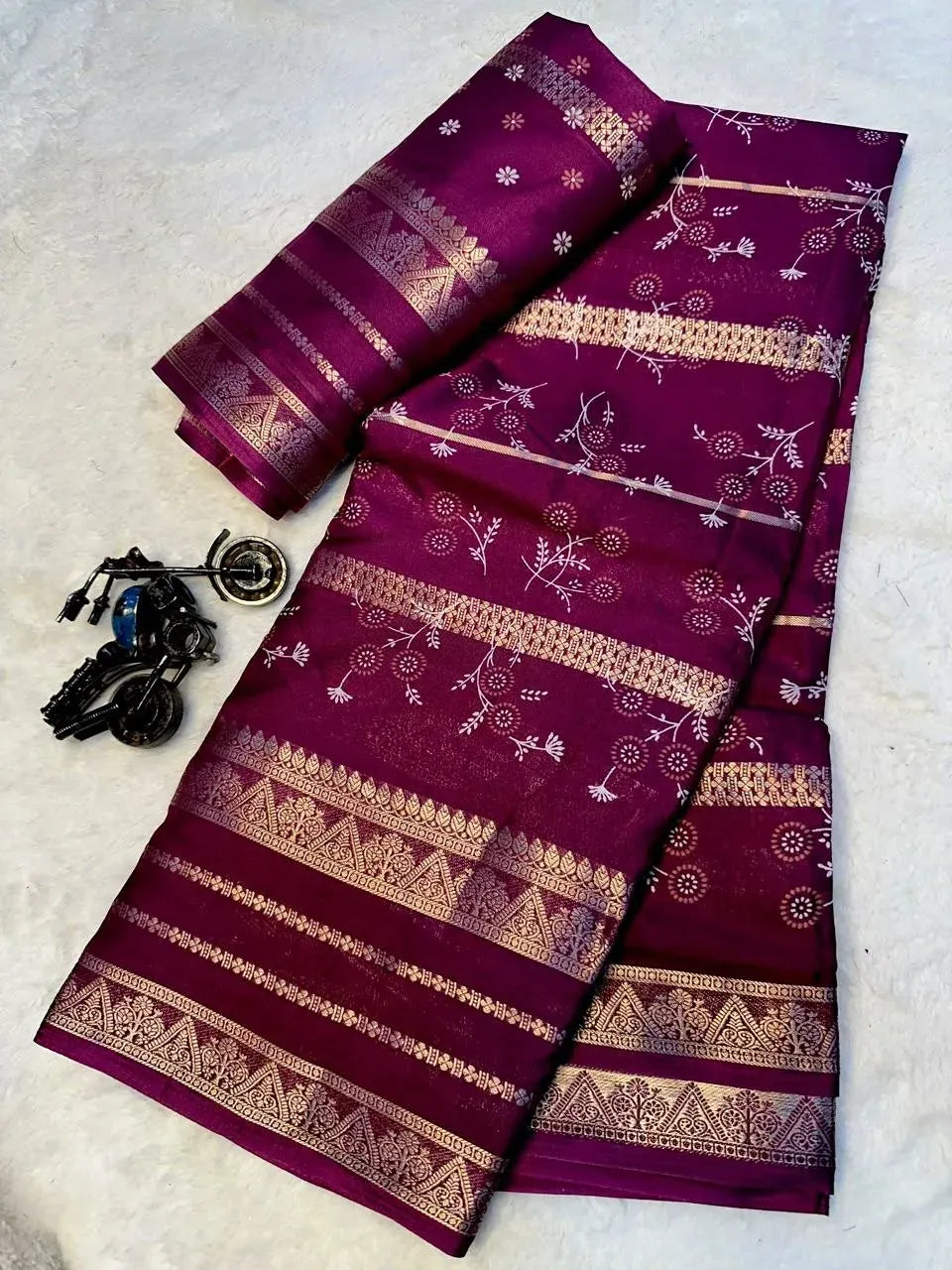 Plum purple Mysore silk saree with gold weaving border displayed flat
