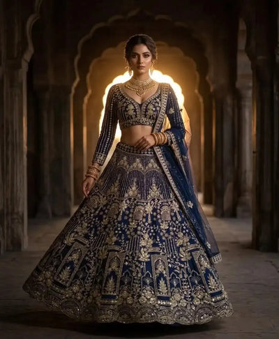 Exclusive Navy Blue Soft Net Lehenga - Heavy Sequins Flare for Festive Wear