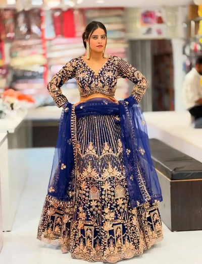Exclusive Navy Blue Soft Net Lehenga - Heavy Sequins Flare for Festive Wear