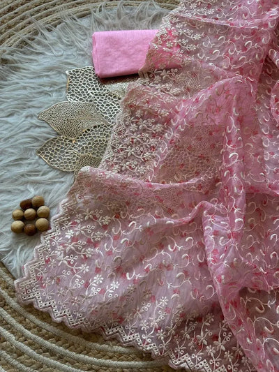 Exclusive Organza Silk Saree - Digital Floral & Chikankari Work for Women