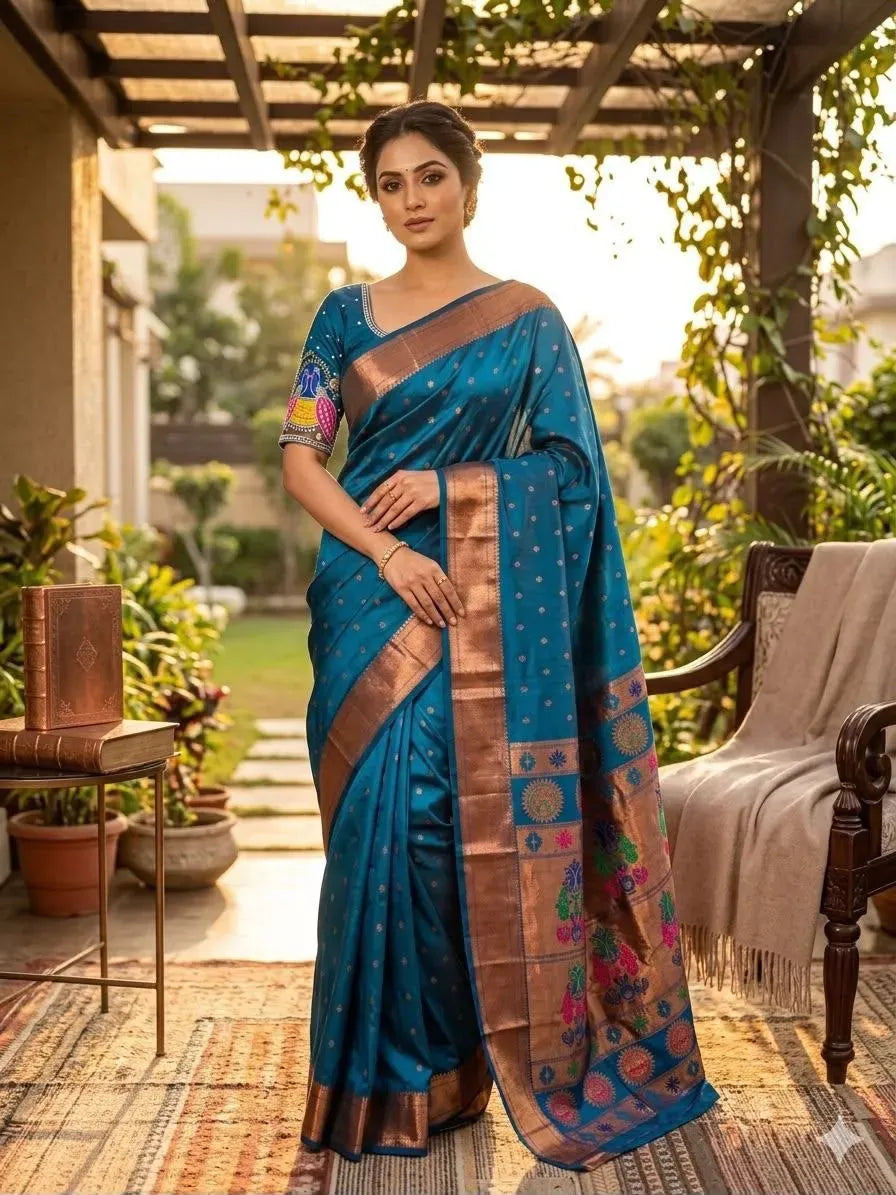 Model standing outdoors wearing blue paithani silk saree with zari border
