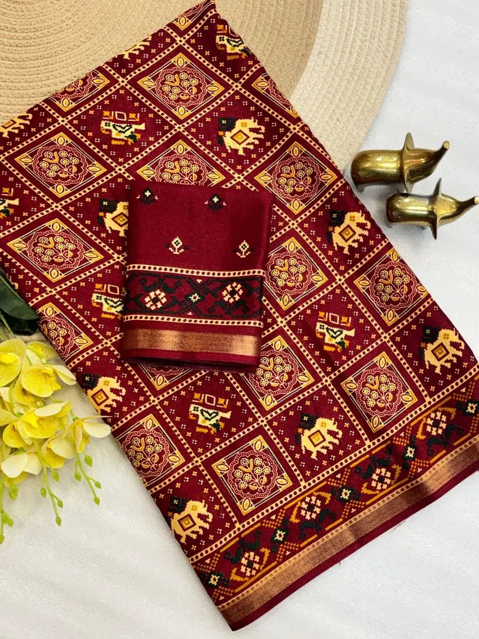 Maroon soft cotton patola print saree with matching blouse piece