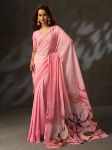 Exclusive Pink Georgette Saree - Digital Print & Croset Work for Women
