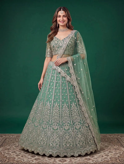 Exclusive Pista Green Net Lehenga Choli with Heavy Zari Embroidery - Festive Wear for Women