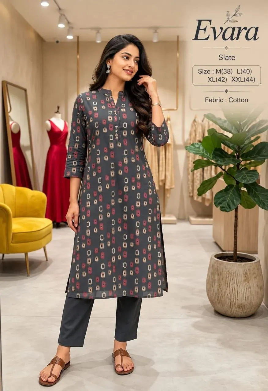 Model wearing slate printed cotton kurti with dark pants