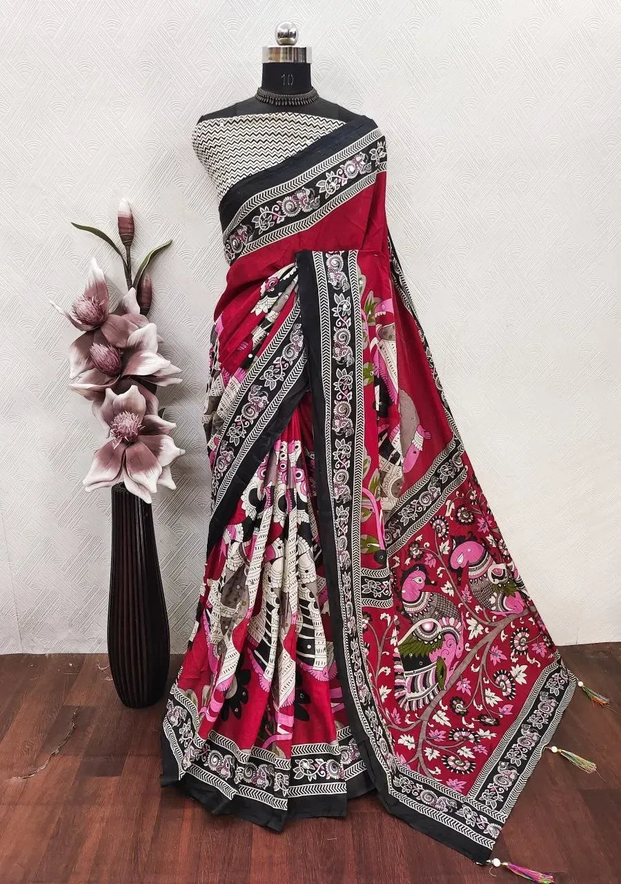 Red and black block printed cotton saree on a mannequin