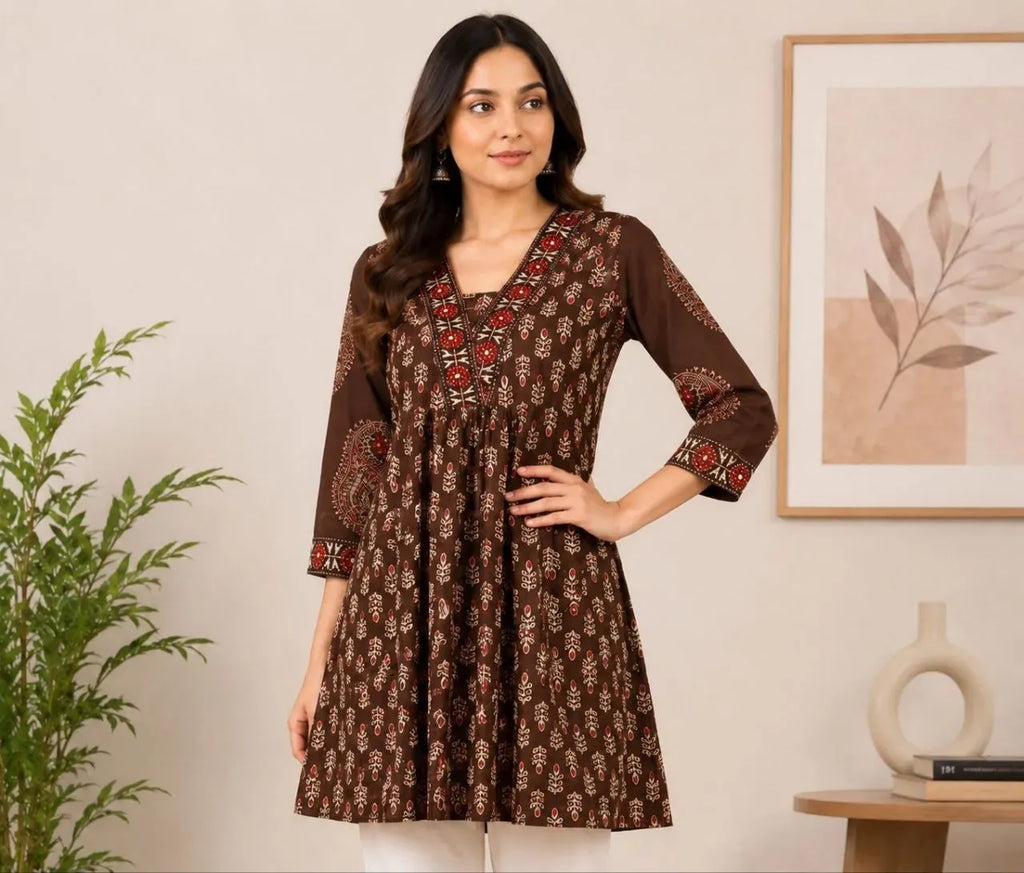 Model wearing brown printed pure cotton tunic front view
