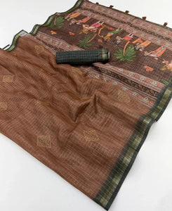 Exclusive Pure Linen Saree with Chex Zari Weaving & Digital Print for Festive Wear