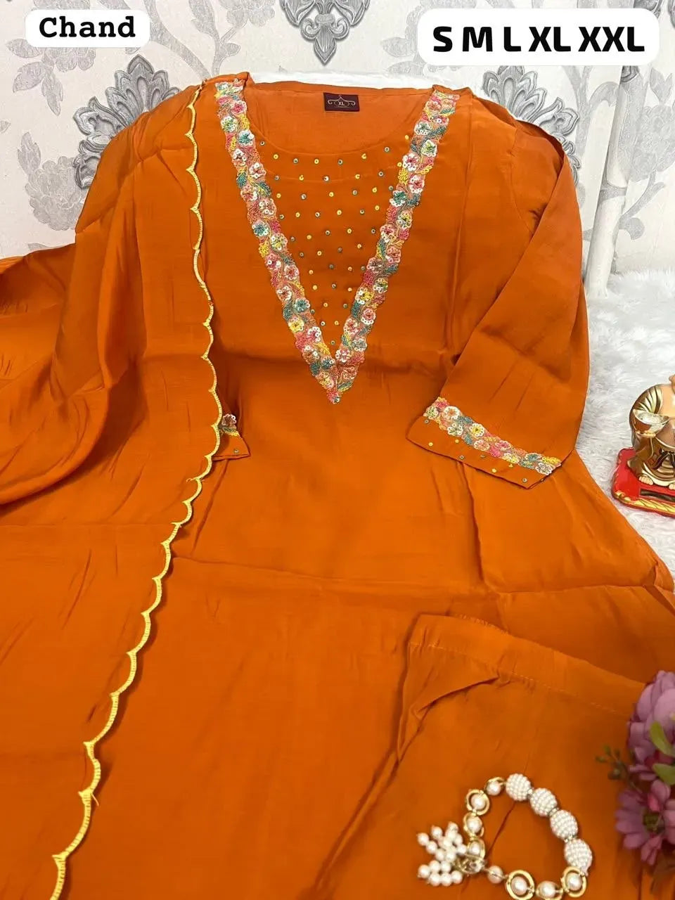 Rust orange mull cotton kurti set with V-neck embroidery and dupatta
