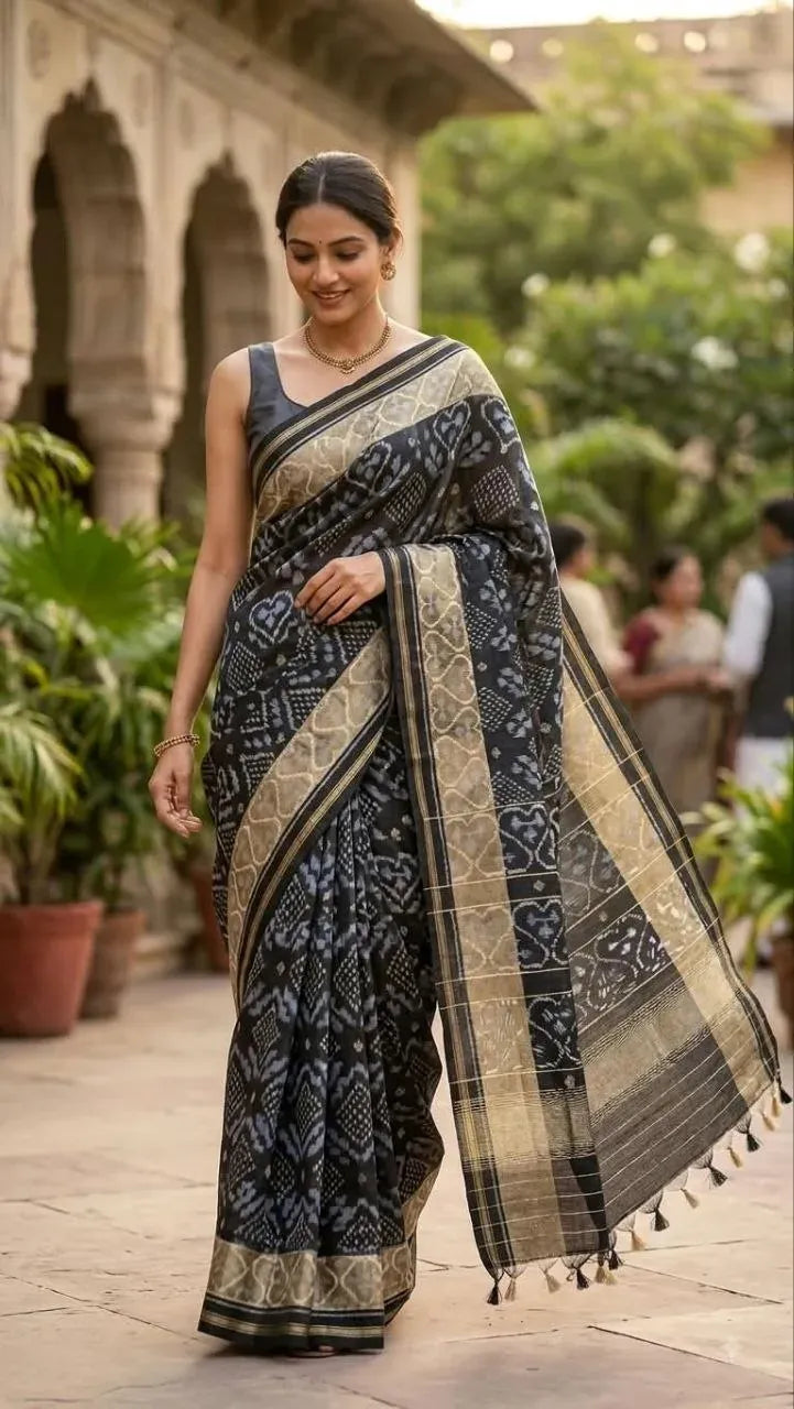 Model wearing black and gold rajkoti patola saree outdoors in ethnic setting