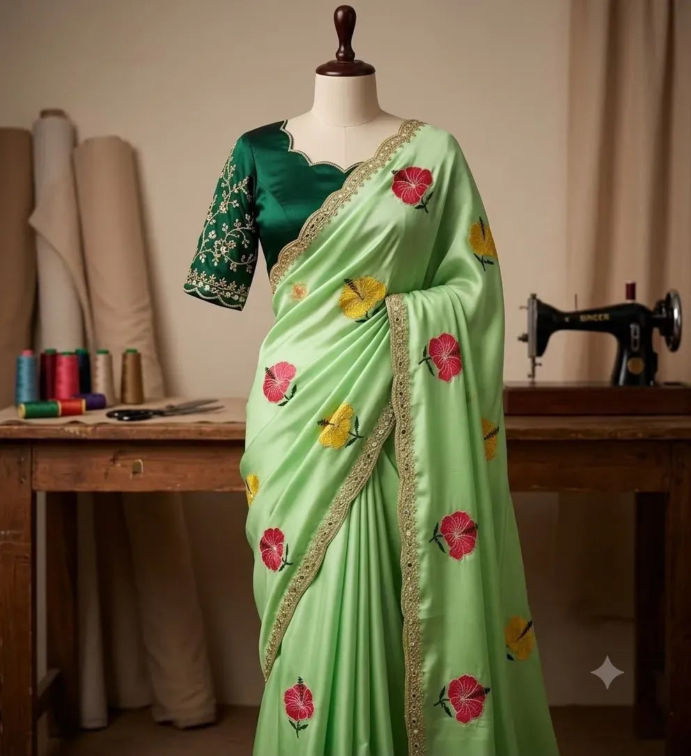 Light green silk saree with red and yellow floral embroidery on a mannequin in a tailor studio