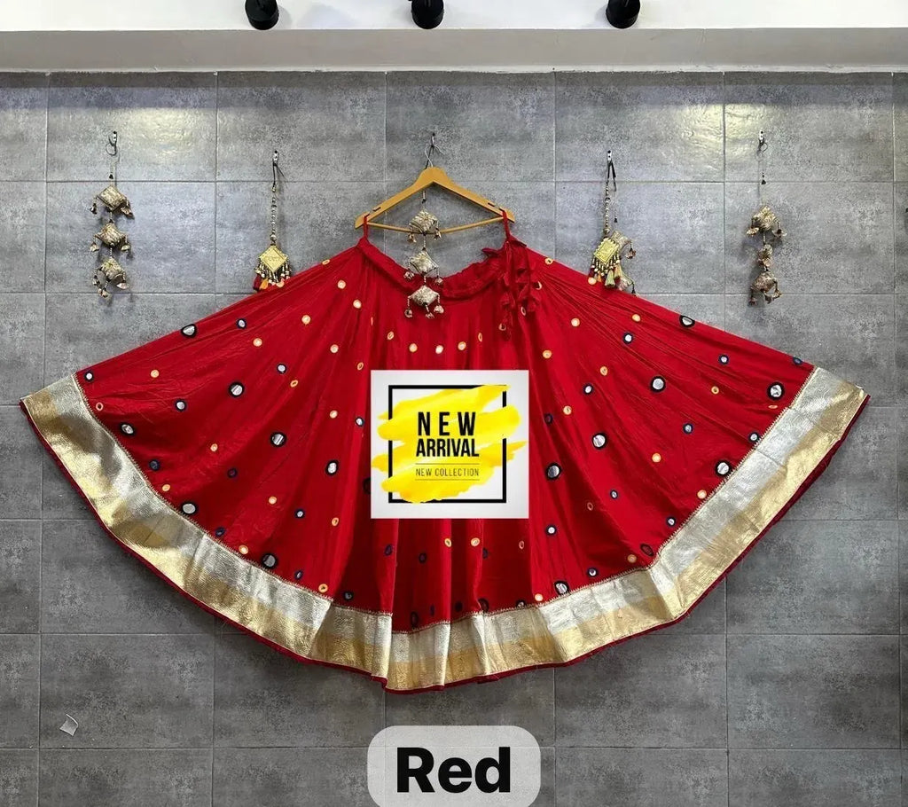 Red reyon cotton lehenga skirt with mirror work and gold border