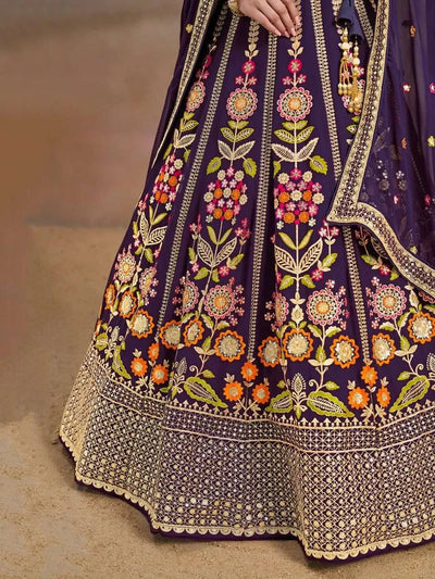 Exclusive Royal Purple Georgette Lehenga Choli with Floral Embroidery for Festive Weddings