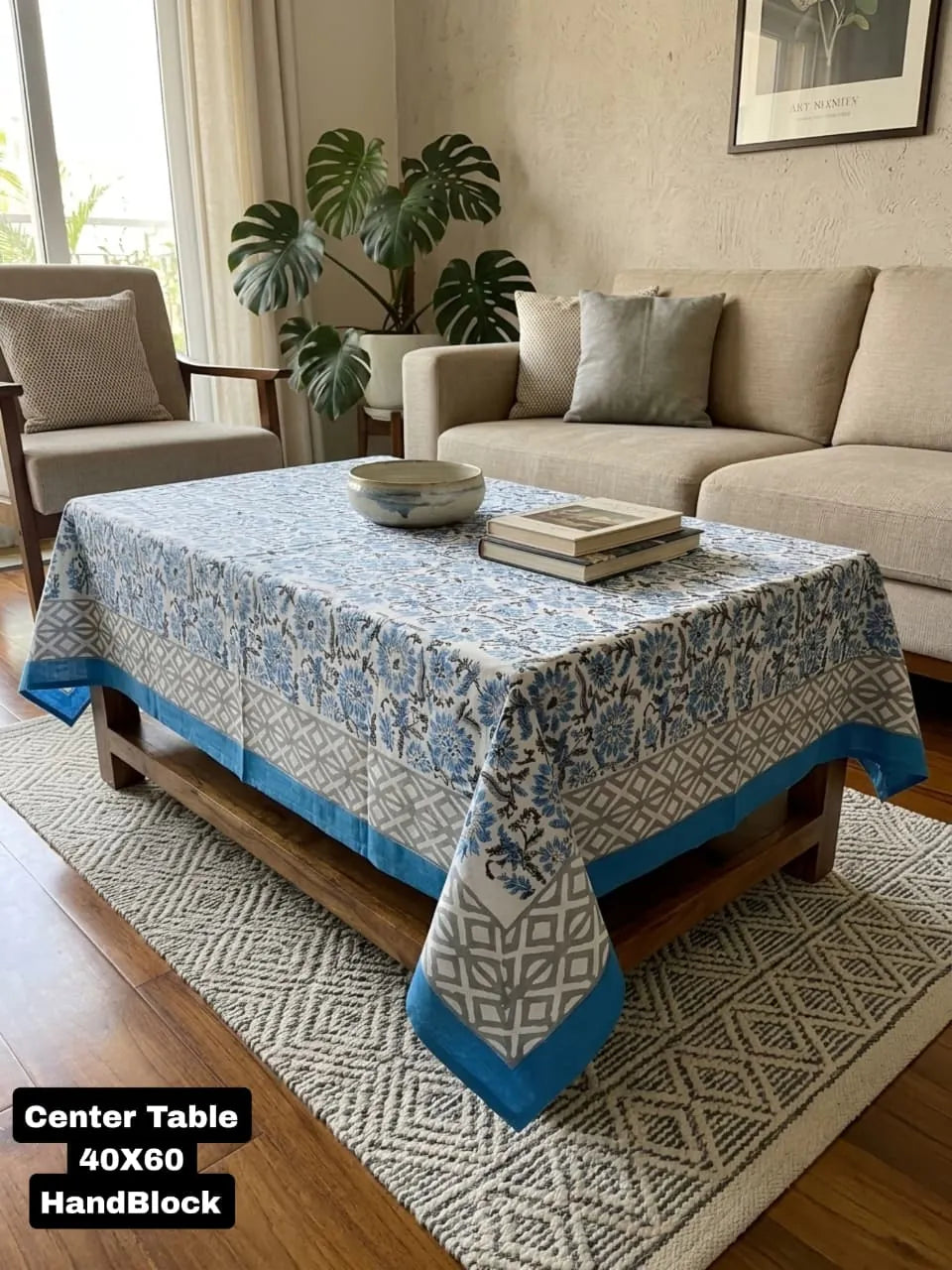 Blue Sanganeri hand block printed center table cover on wooden table