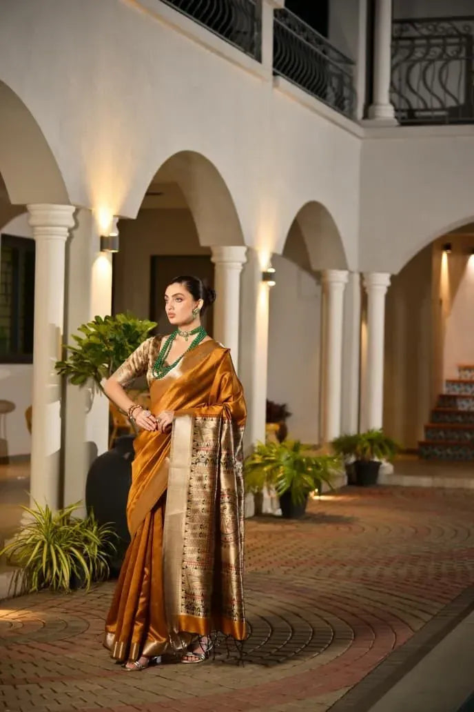 Model wearing mustard yellow khadi raw silk saree front view