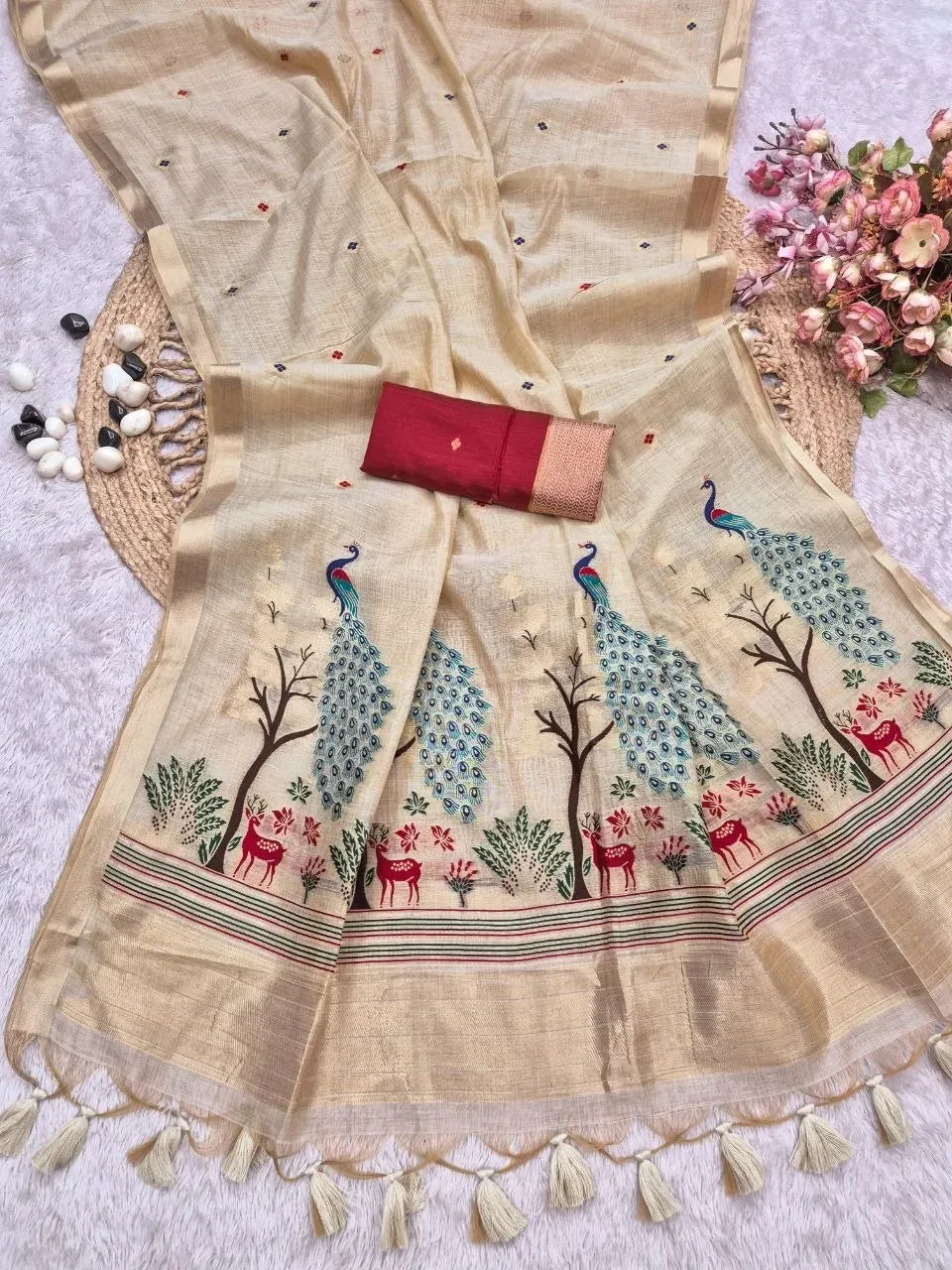 Beige soft mul cotton saree with peacock and deer motifs, zari butta, and red blouse piece
