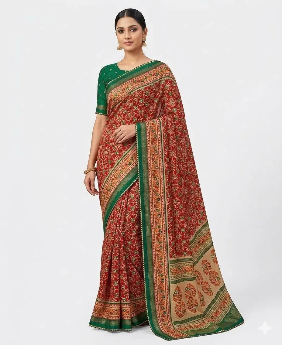 Model wearing red and green pashmina silk saree with patola border