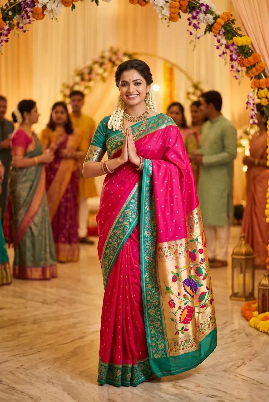 Model wearing a hot pink soft silk paithani saree with rich zari pallu