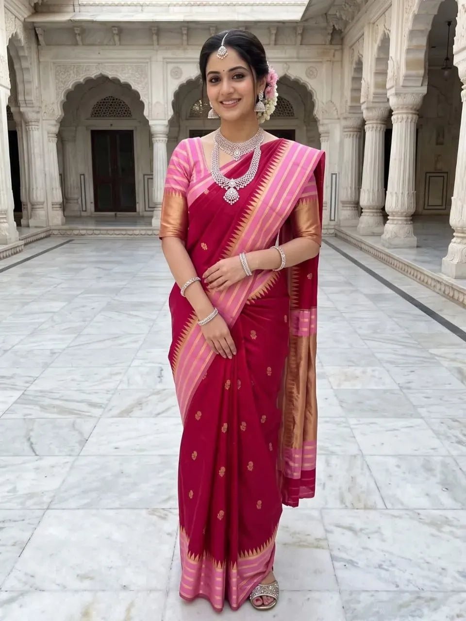 Full body view of model standing in traditional pink soft silk saree