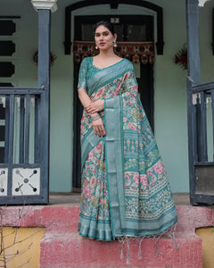 Exclusive Teal Green Linen Cotton Saree with Silver Zari Border for Festive Wear