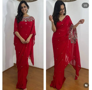 Exclusive Trending Faux Georgette Drape Saree - Hand Worked with Real Mirror & Pearls for Party Wear