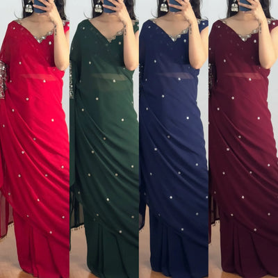 Exclusive Trending Faux Georgette Drape Saree - Hand Worked with Real Mirror & Pearls for Party Wear