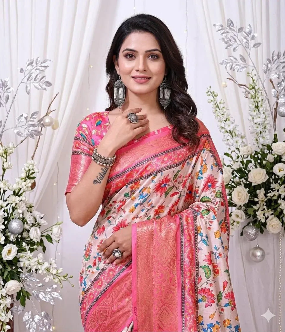 Model wearing pink and white digital print soft dola silk saree with zari border