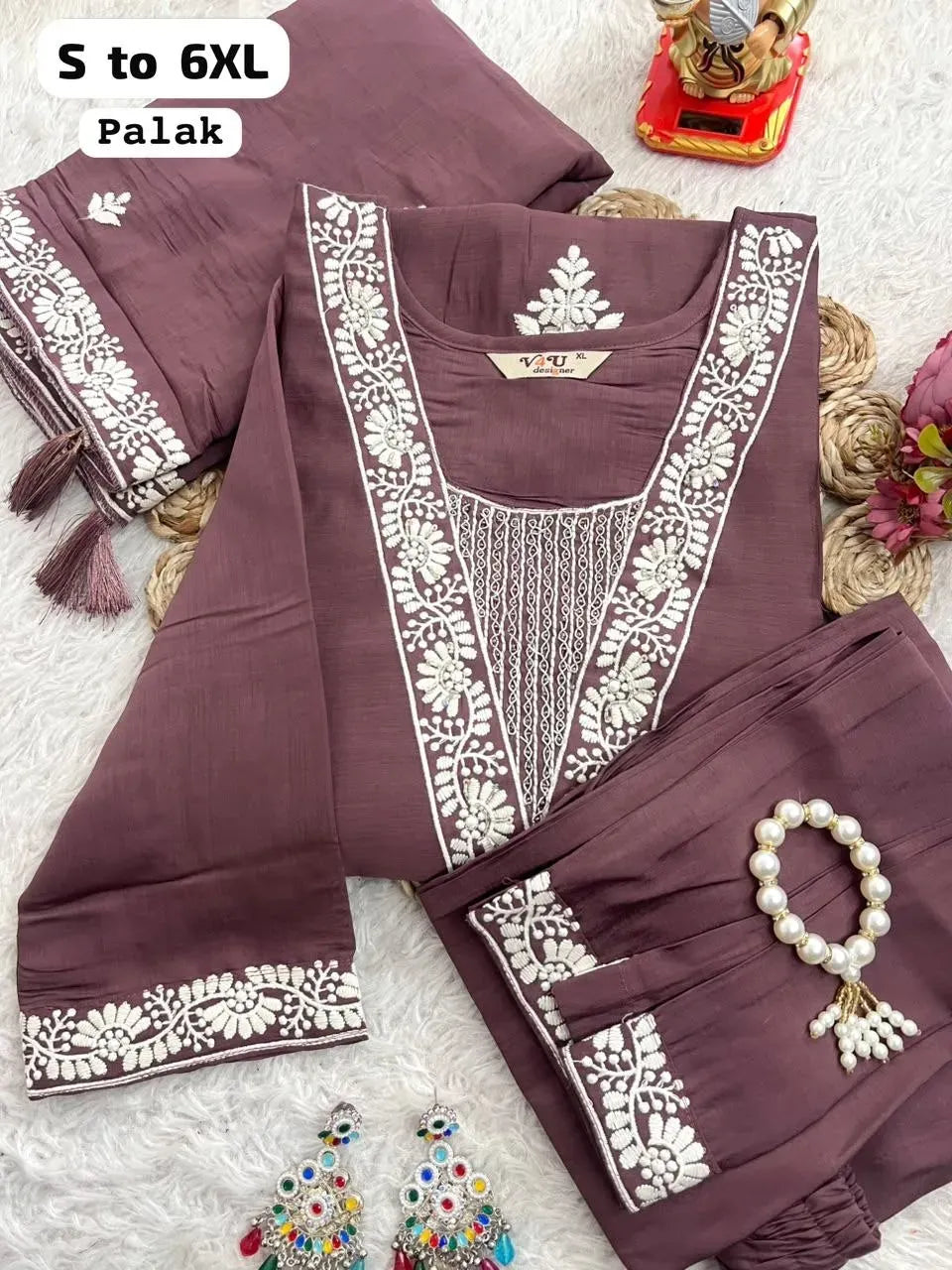 Coffee-olive 3-piece ethnic suit set with white embroidery flat lay