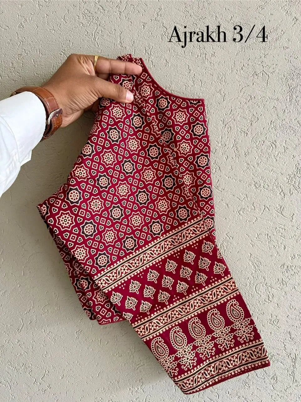 Maroon cotton ajrakh print blouse with traditional geometric patterns