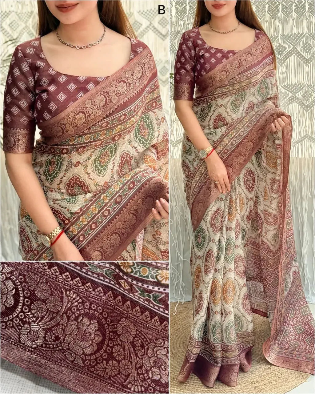 Model wearing designer ajrakh printed cotton saree with wine blouse and close up of zari border