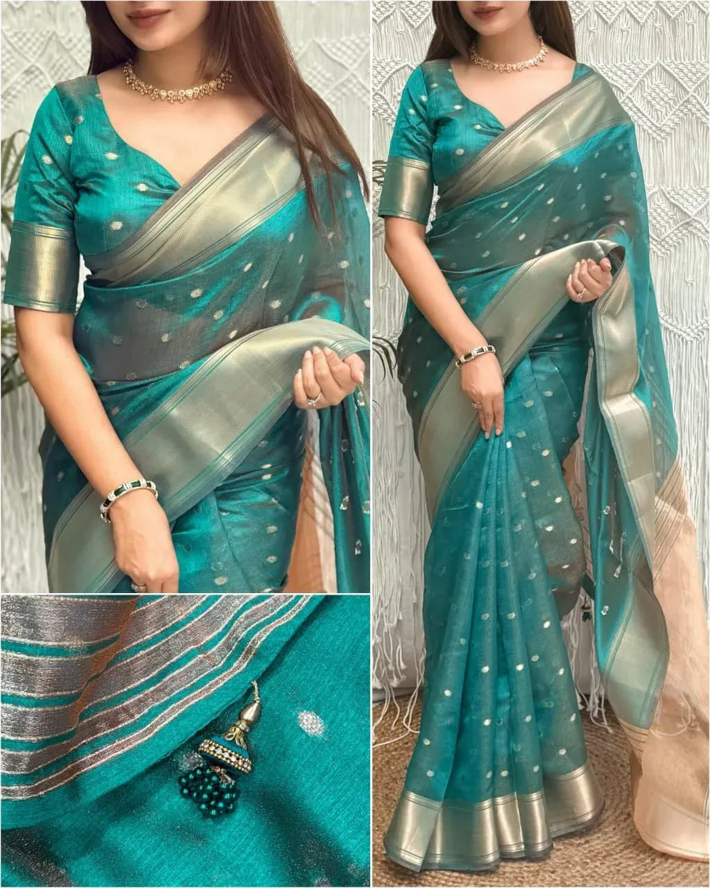 Model wearing teal Banarasi organza silk saree with zari border