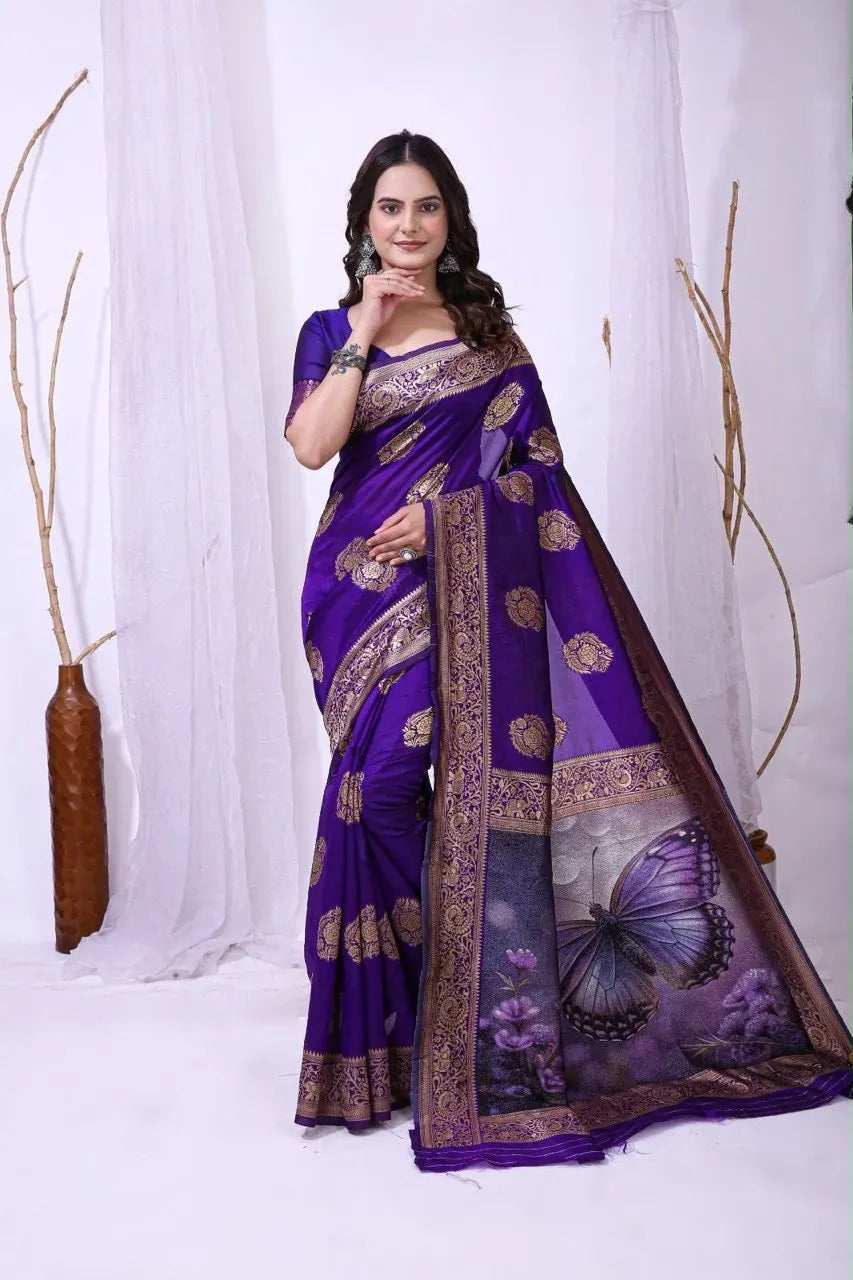 Model wearing purple Banarasi silk saree with butterfly pallu