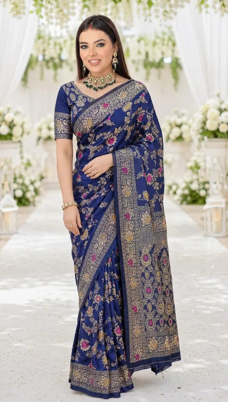 Model wearing blue soft lichi silk banarasi saree with intricate jacquard work