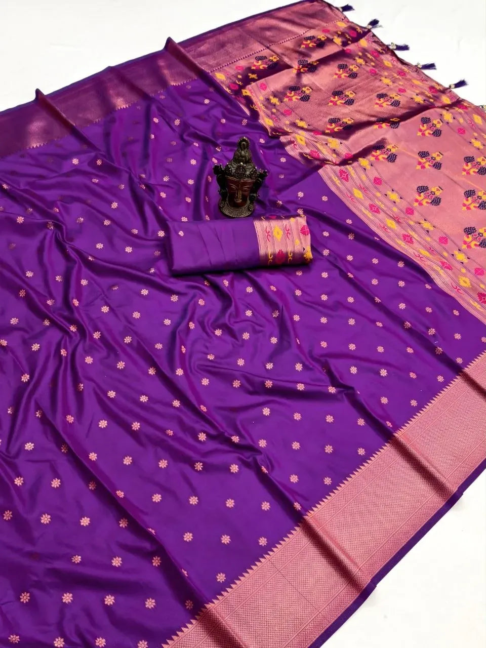 Purple banarasi silk saree with gold self-weaving pattern and rich pallu
