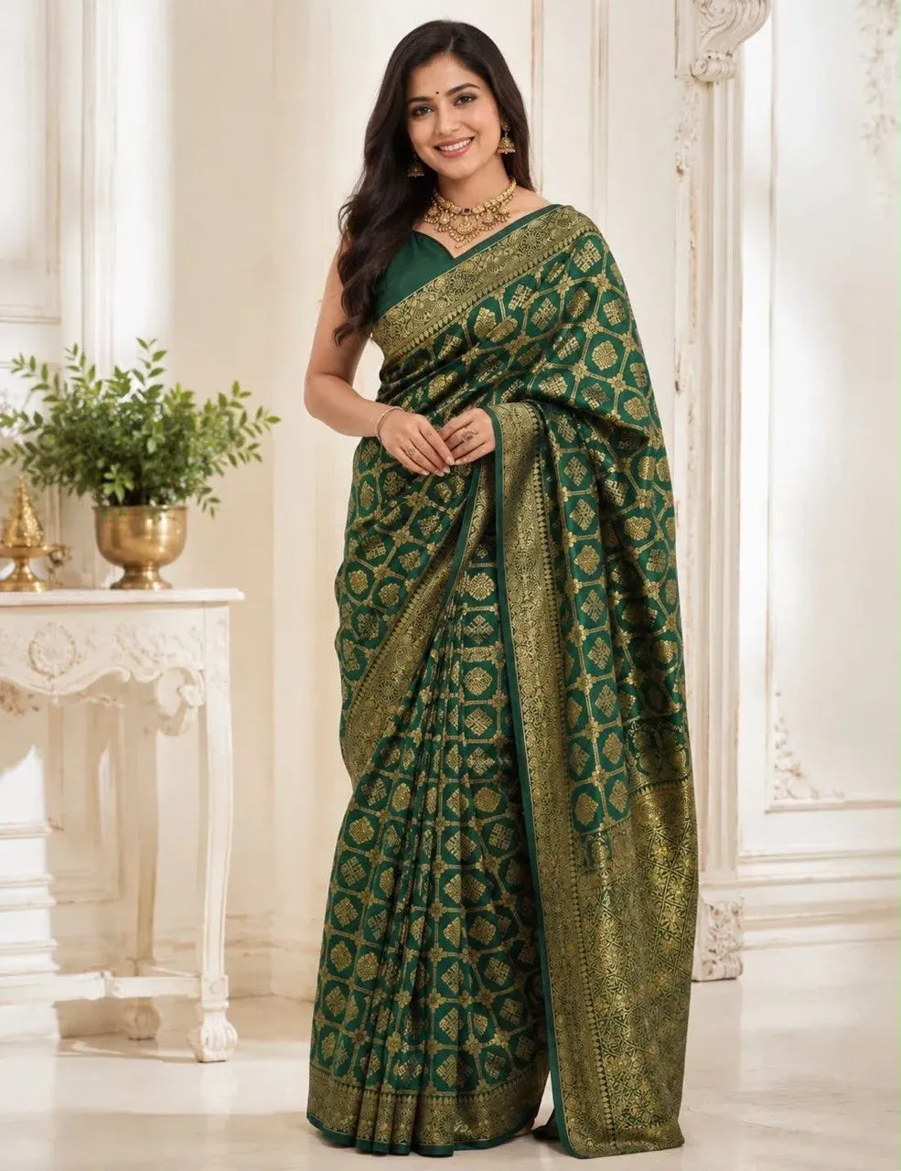 Model in green jacquard work banarasi silk saree