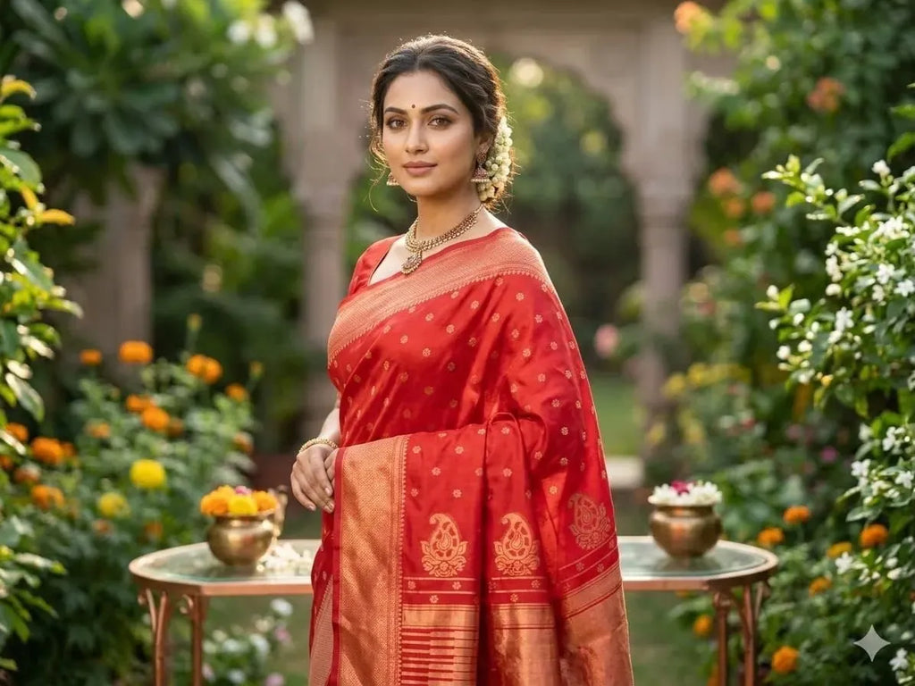 Model wearing rich red Banarasi silk saree with traditional golden pallu and borders