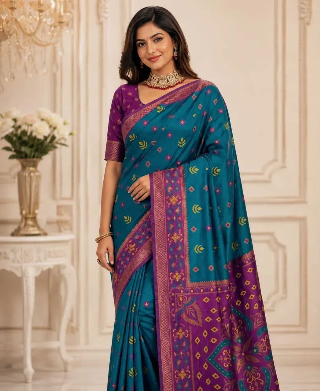 Model wearing teal blue banarasi silk saree with purple pallu and blouse
