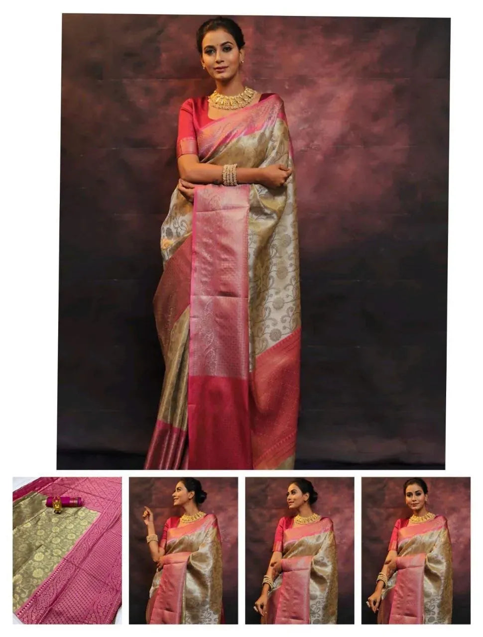 White and gold striped Banarasi silk saree worn by model