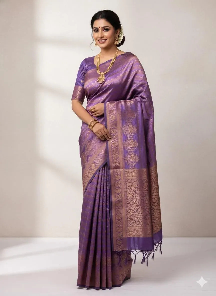 Model wearing purple lichi silk banarasi saree with gold zari border