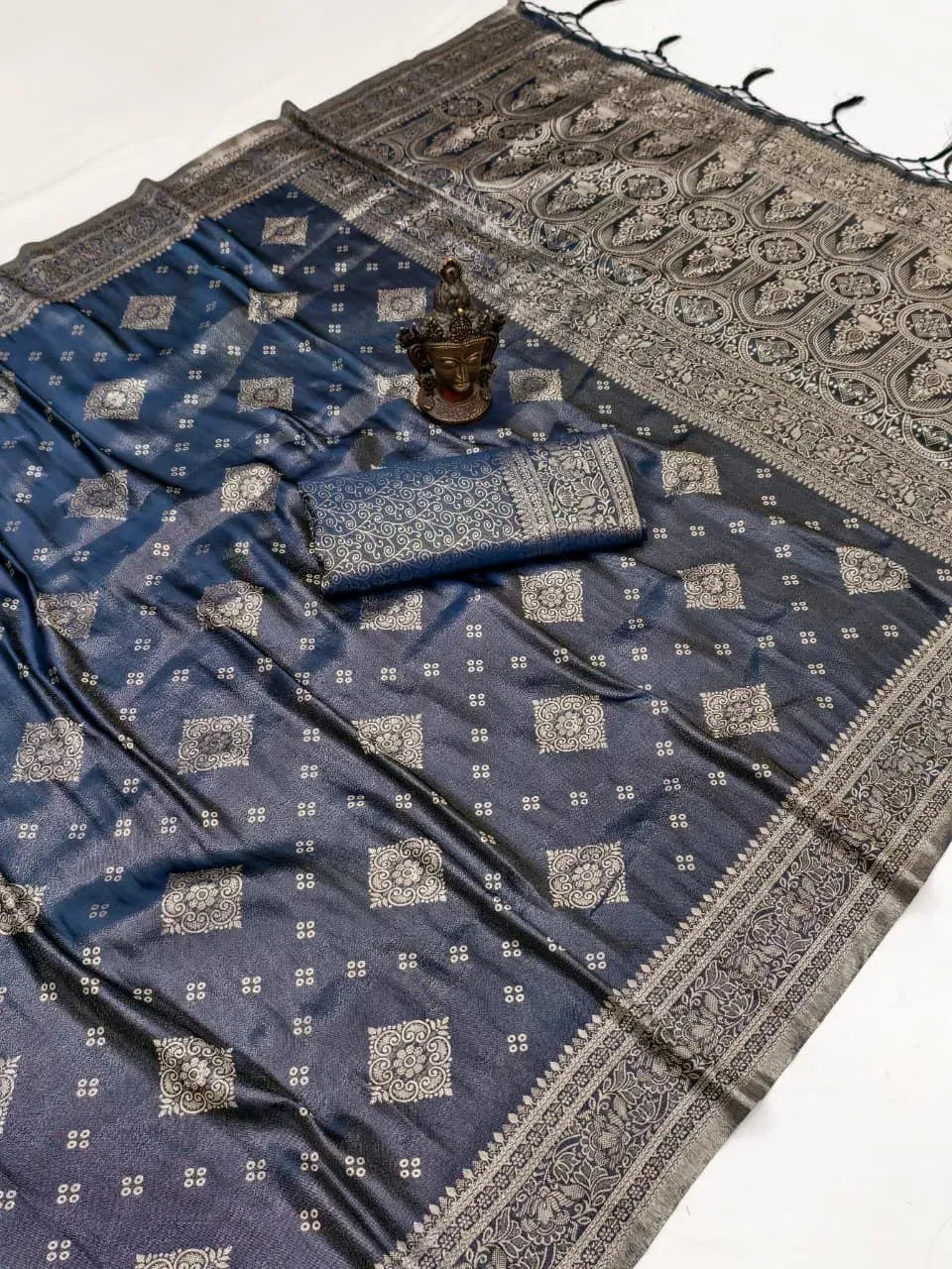Dark blue soft banarasi tissue saree with self weaving and rich zari pallu