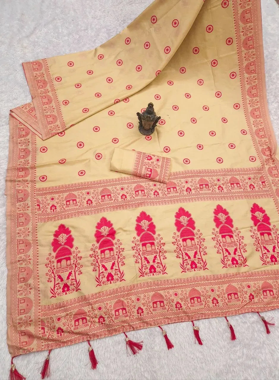 Beige pure banarasi silk saree with red floral motifs and rich pallu