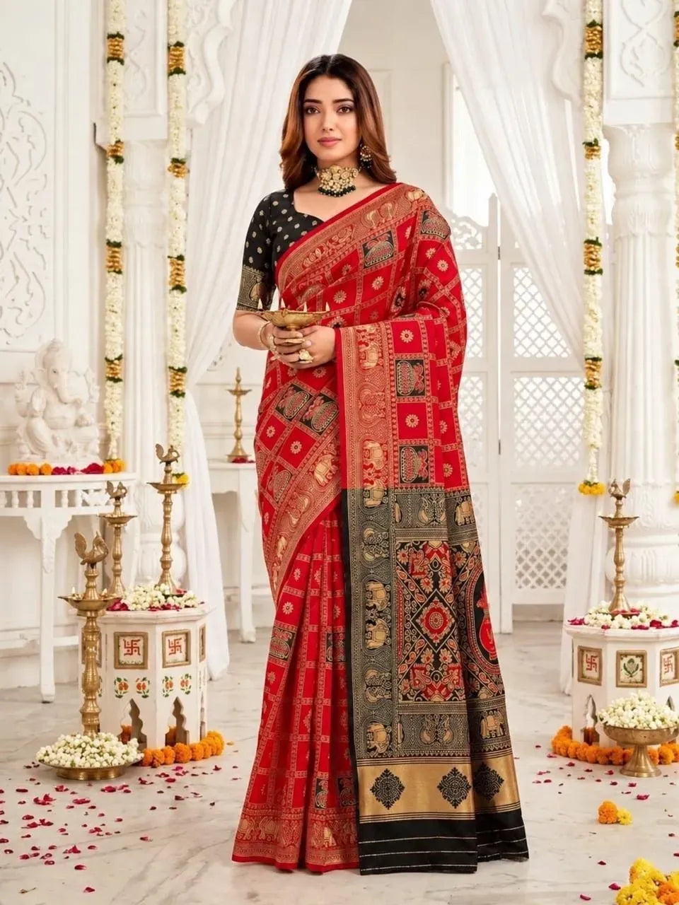 Full body front view of model showcasing traditional red banarasi saree