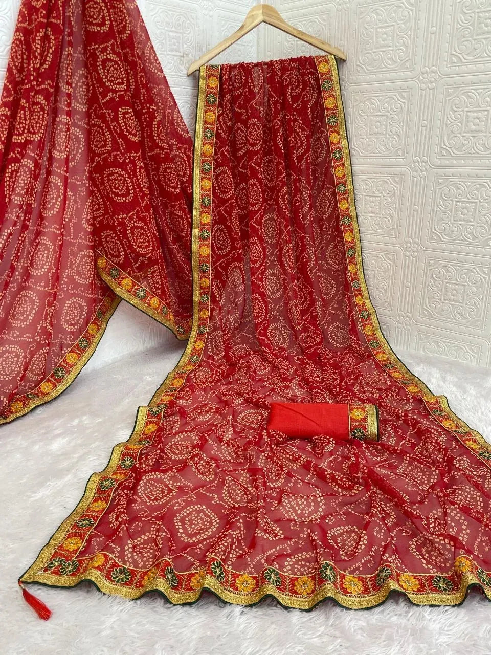 Exquisite Bandhani Saree - Heavy Gota Patti Hand Work for Wedding Season in Red