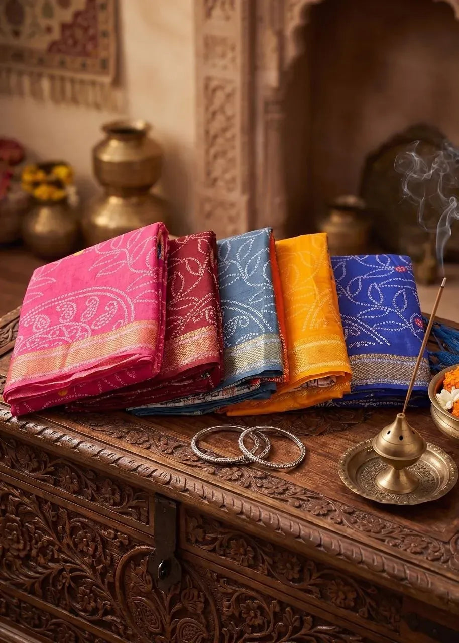 Stacked collection of multicolored bandhej sarees on a wooden chest