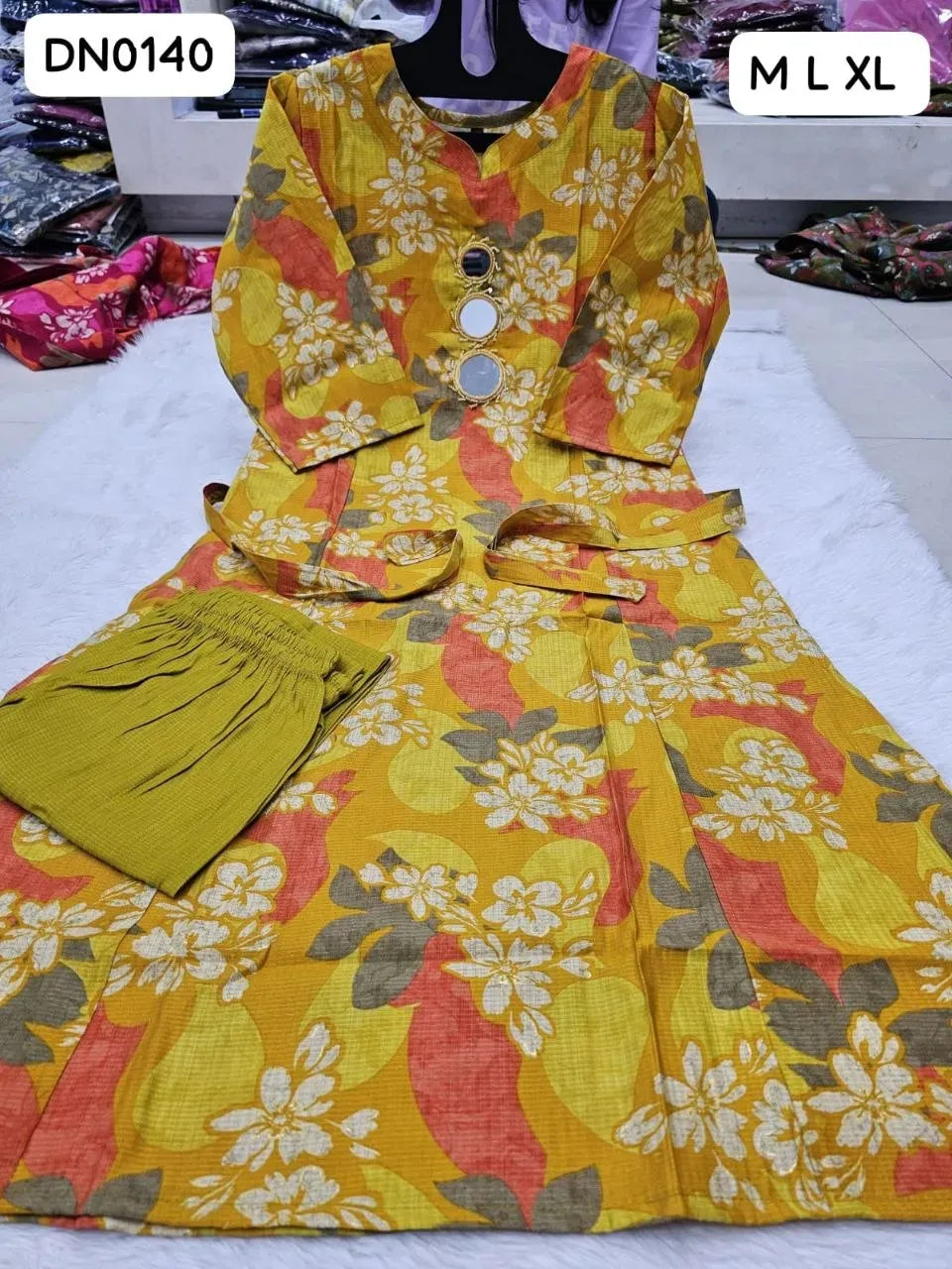 Yellow Barlin viscose kurti set with floral print and real mirror work