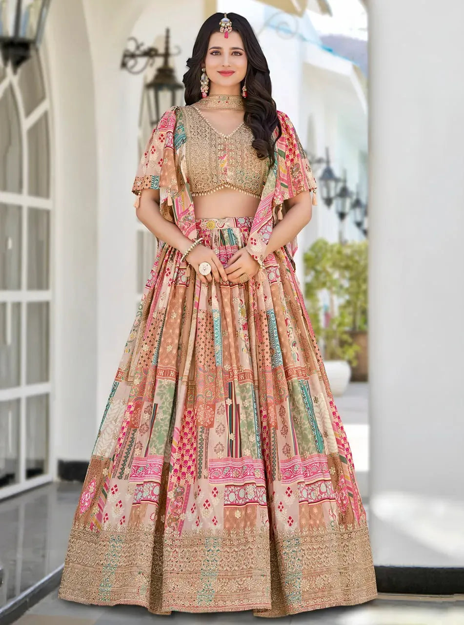 Front view of model wearing beige multicolor heritage print lehenga choli