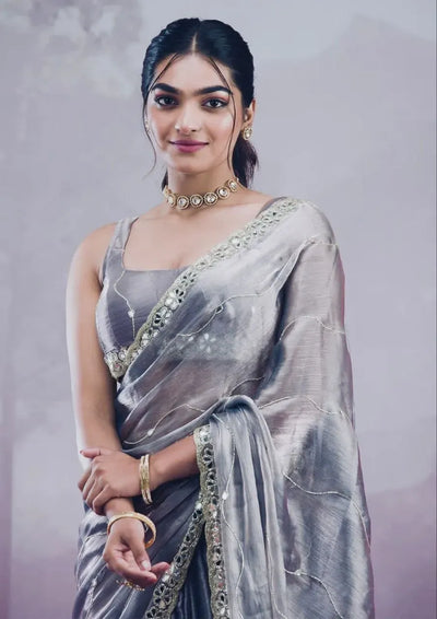 Exquisite Burberry Silk Saree - Designer Party Wear with Mirror Work