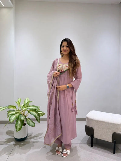 Exquisite Chanderi Embroidered Gown Set - Handcrafted Festive Wear for Women