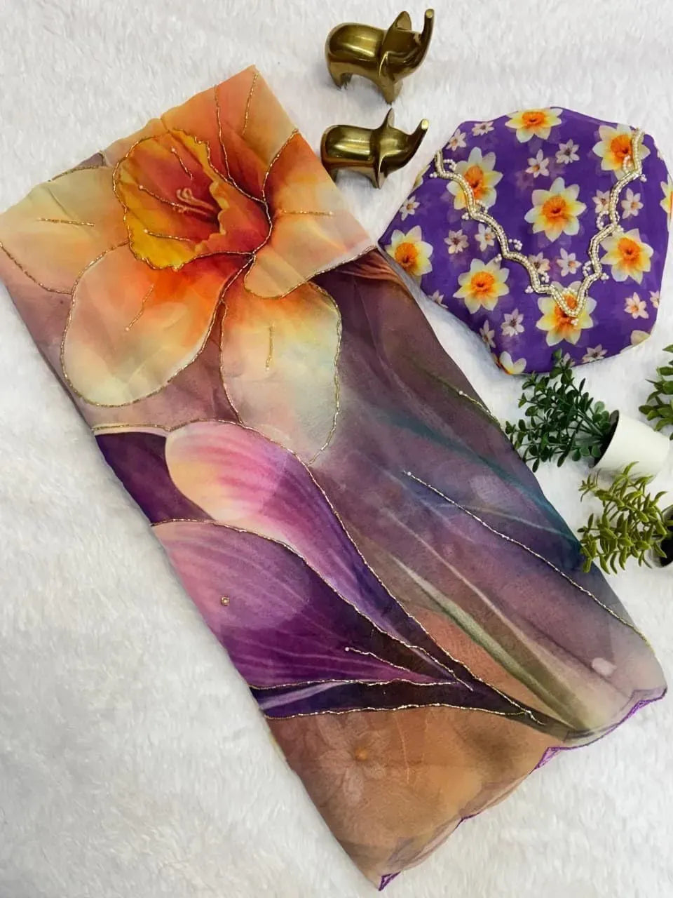 Purple chiffon saree with yellow floral digital print and handwork blouse